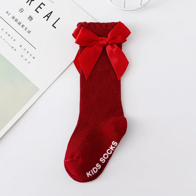 Red Bow Tie Knee High Tube Socks Girls' Christmas Stockings Infants Toddlers Soft Cotton Children Non Slip Floor Socks Baby Gift