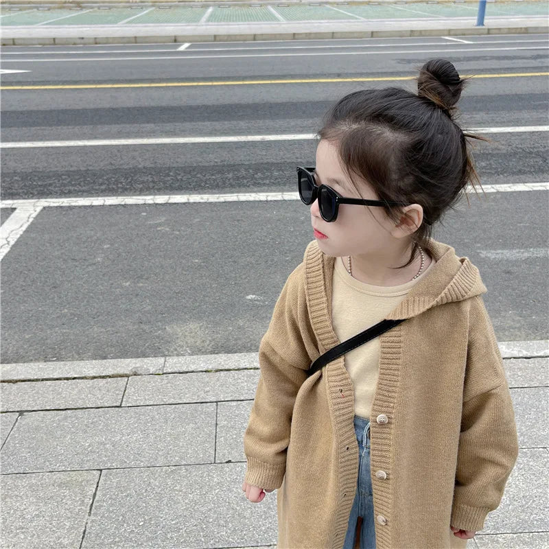 Girls Fashion Cardigan Jackets New Kids Spring Autumn Casual Coats Children Hooded Trend Long Jumper Versatile Knitted Clothing