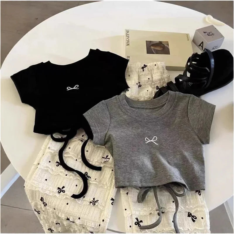 Girls Fashion Blouse Sets Summer Bow Tops Suits New Baby Short Sleeve T-Shirt Pants 2 Piece Summer Sweet Casual Kids Clothing