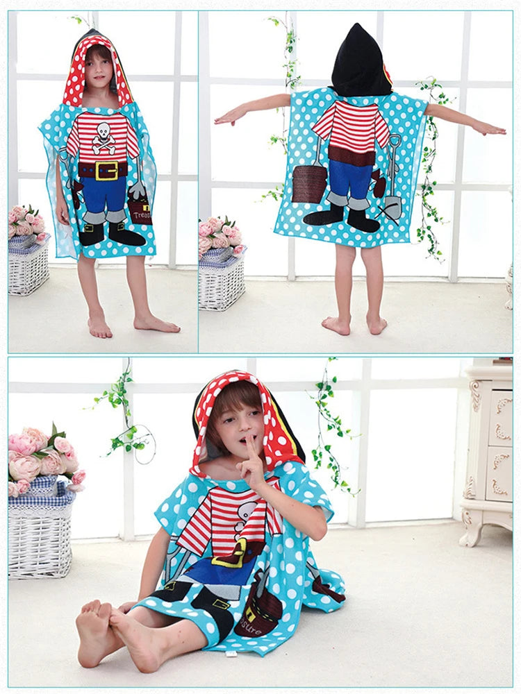80-130cm Kids Hooded Bath Beach Poncho Towels Baby Quick Dry Bathrobe Child Cartoon Poncho Towels Microfiber Swim Cover-ups