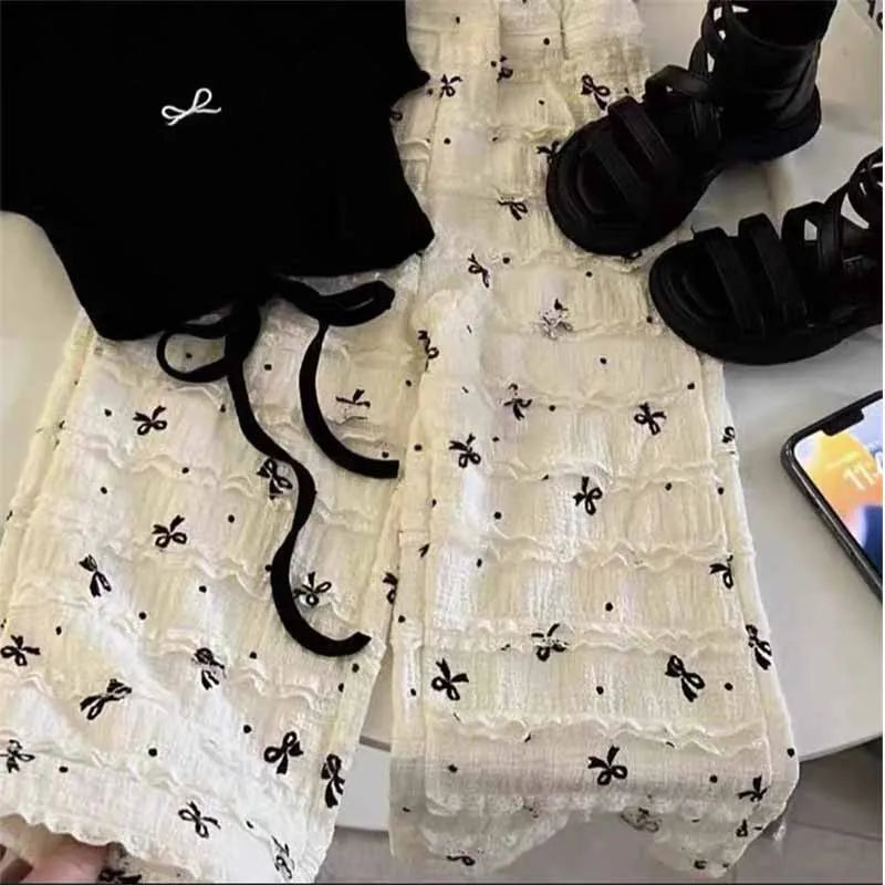 Girls Fashion Blouse Sets Summer Bow Tops Suits New Baby Short Sleeve T-Shirt Pants 2 Piece Summer Sweet Casual Kids Clothing