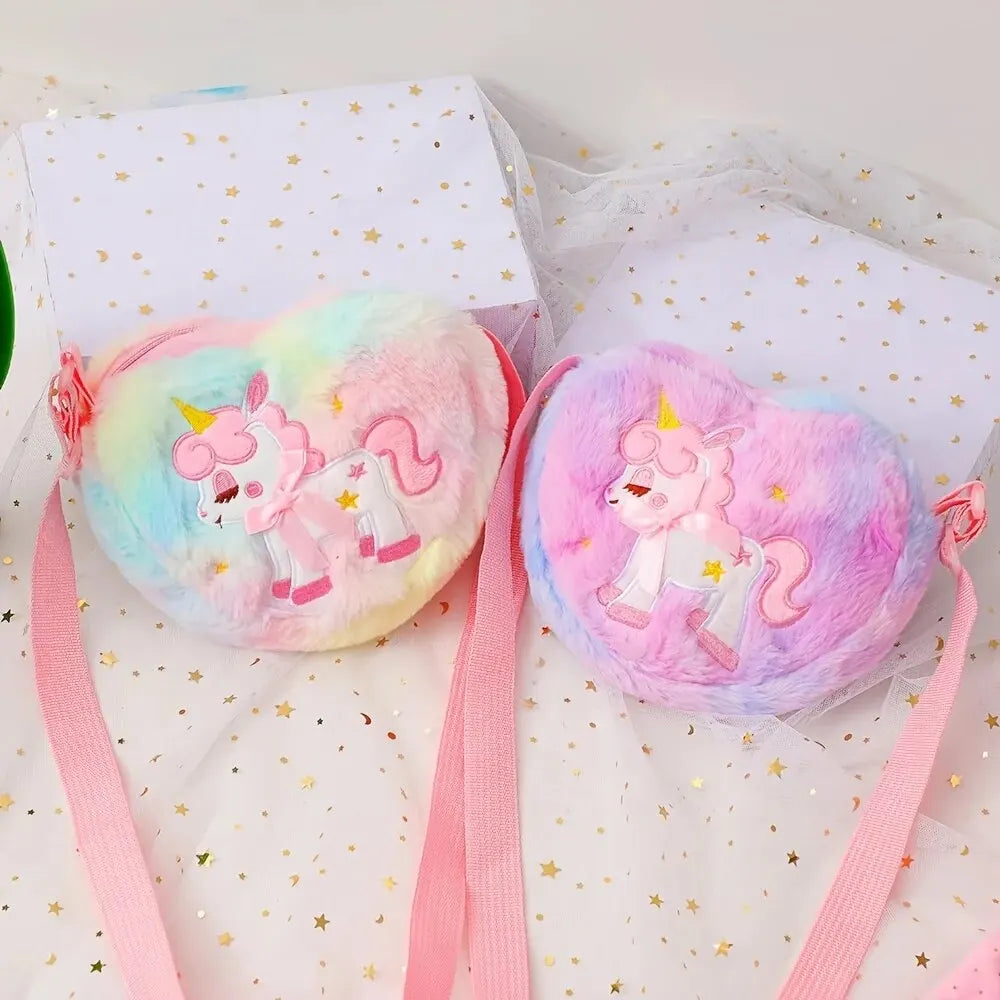 Cute Unicorn For Girls Plush Heart Zipper Shoulder Bag Messenger Bag Coin Purse Wallet Crossbody Bag Kids Gift Small Backpack