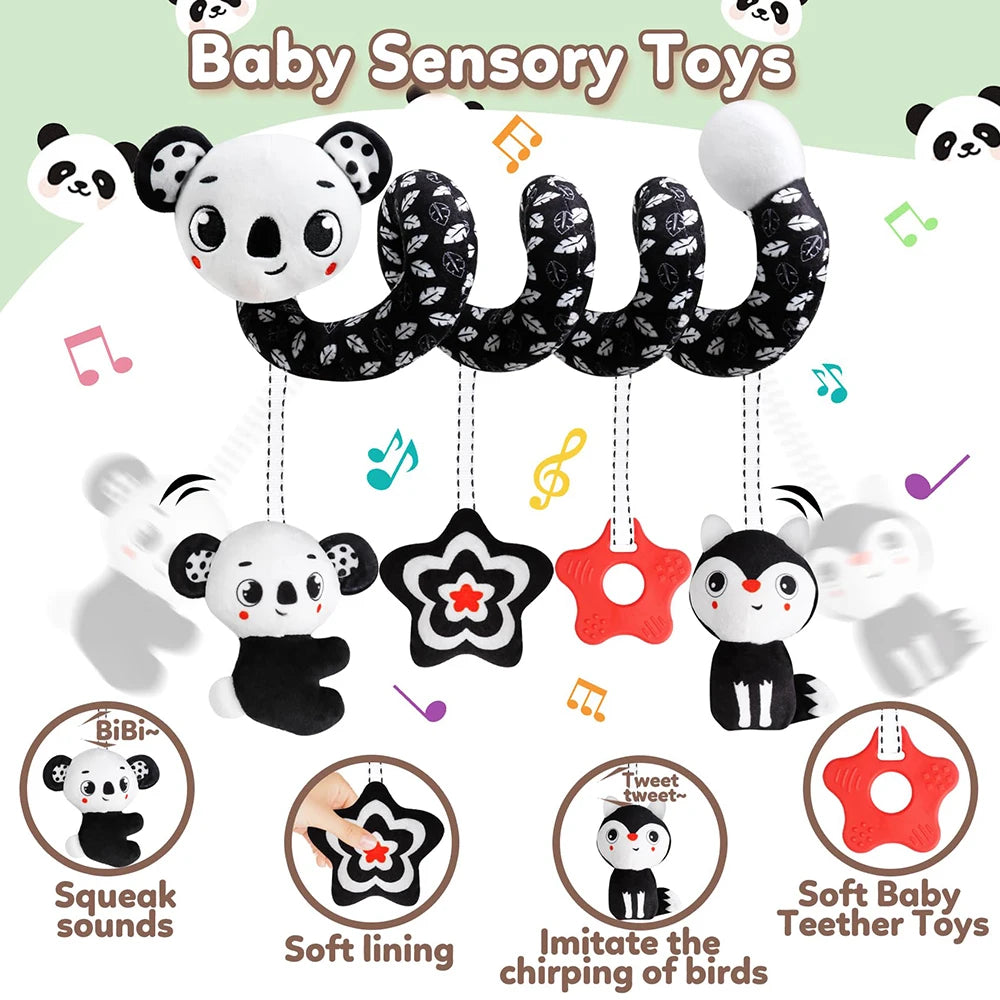 Newborns Spiral Hanging Activity Stroller Toy Baby Carseat Toy Black & White Lion Koala Rattle for Crib Mobile Sensory Toy Gift