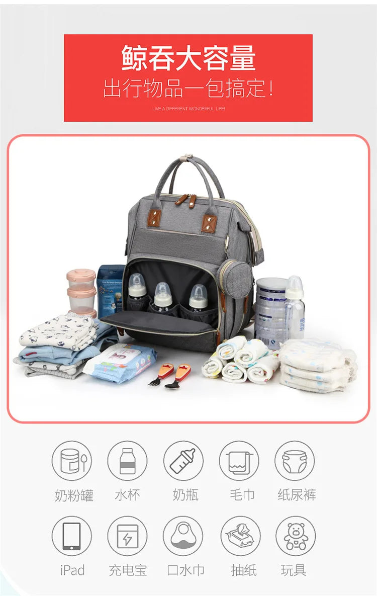 Mummy Backpack With Foldable Crib Soft Mattress Multifunctional Mommy Bags Baby Bottle Insulation Storage Bags Diaper Organizer