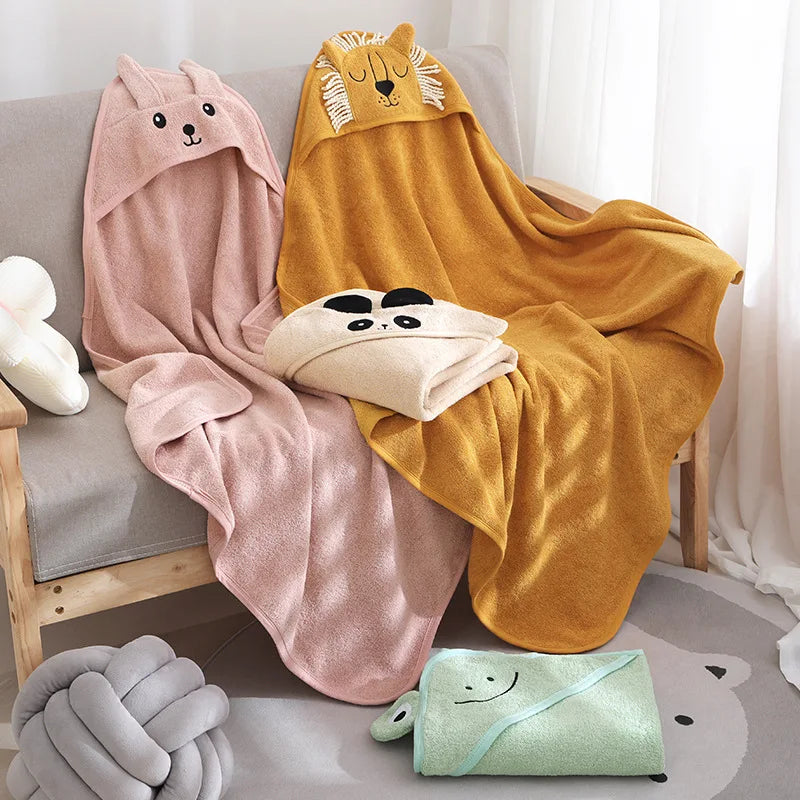 Kids Bathrobe Cotton Thickened Absorbent Breathable Bath Hooded Cloak Baby Skin Quick Drying Cartoon Animal Shower Towel