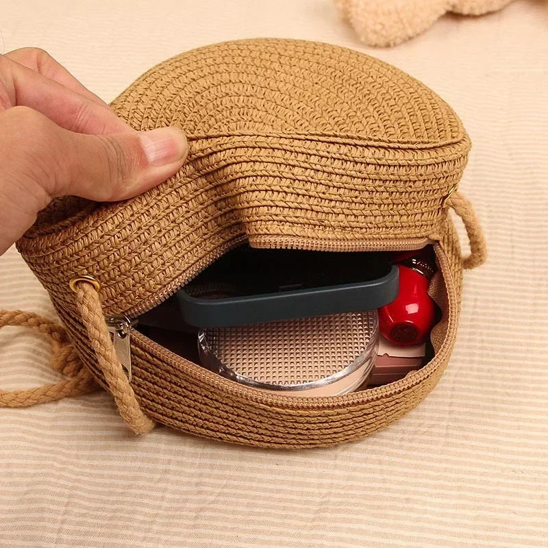 Baby Girl Fashion Casual Solid Straw Shoulder Bags Backpack Accessories Kids Coin Purse Kids Children Cute Round Messenger Bag