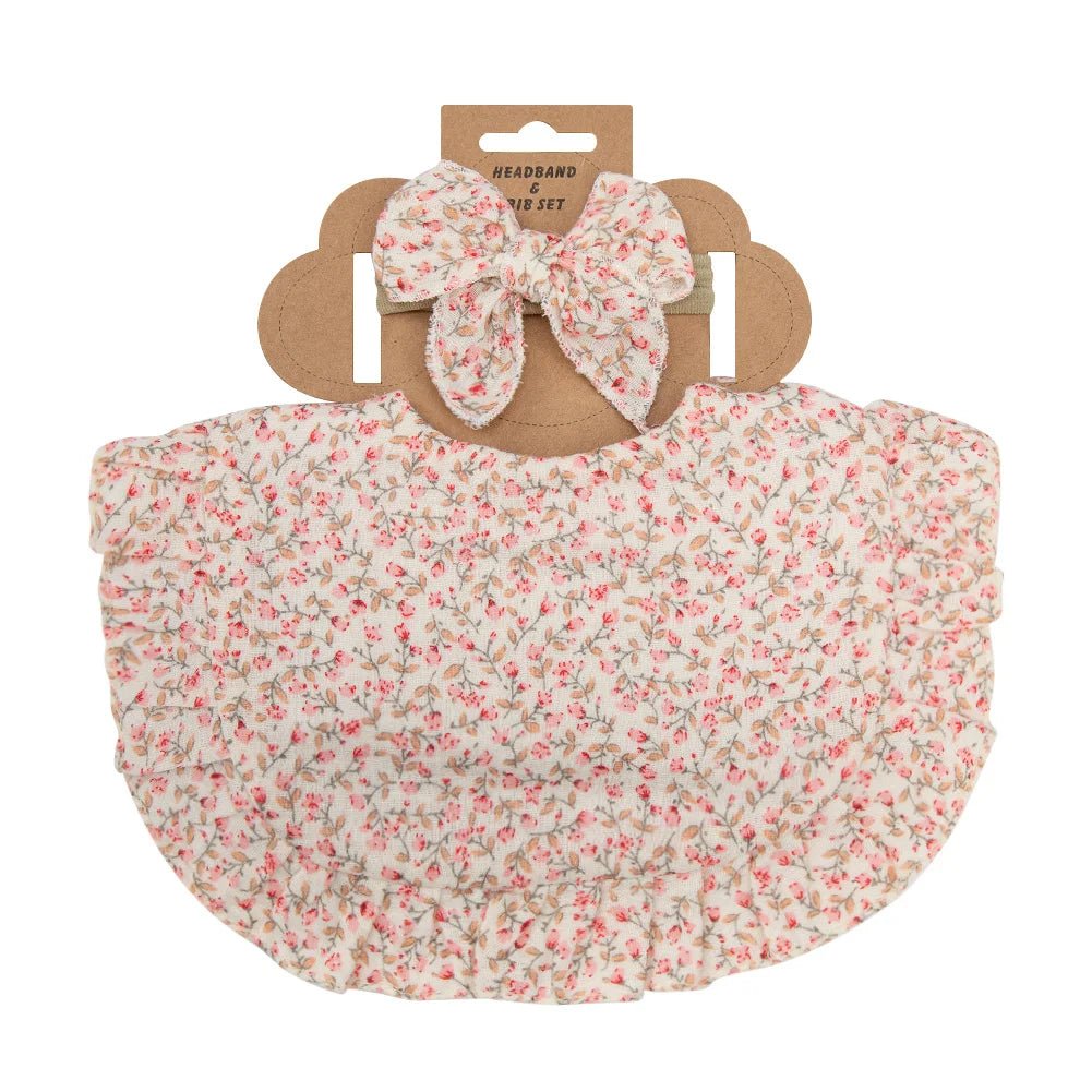 2Pcs/Set Ruffled Edge Muslin Cotton Baby Bibs Hair Bows Girls Headbands Flower Print Saliva Towel Feeding Burp Cloths Scarf