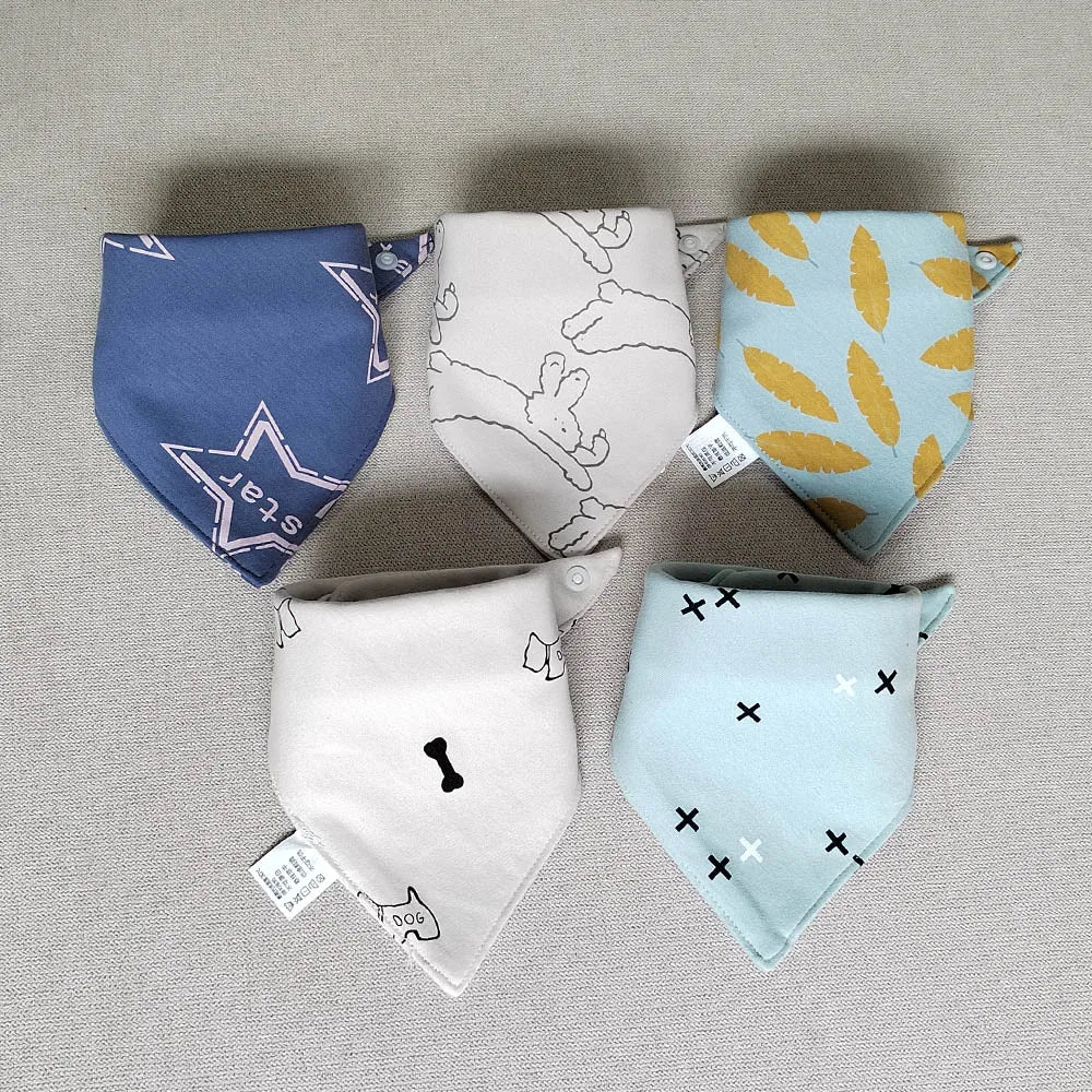 5pcs/lot Baby Bibs Triangle Double Cotton Bibs Cartoon Print Saliva Towel Baby Boys Girls Feeding Apron Cotton Bandana Bibs