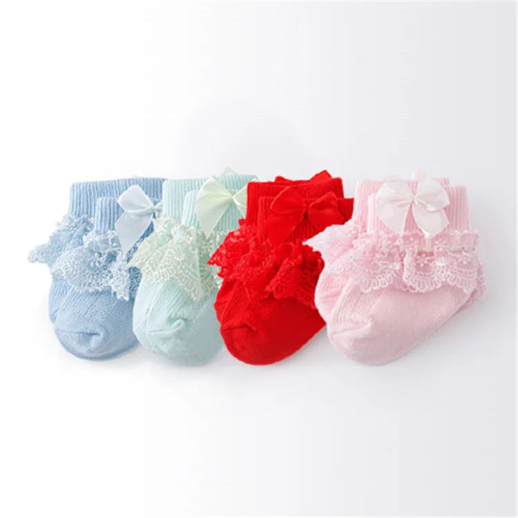 Lawadka 4Pairs/lot Newborn Baby Socks For Girls Cotton Lace Infant Girls Sock Princess Bow Toddler Baby Girls Socks Spring 0-24M