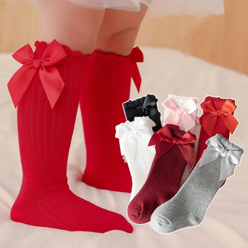 Red Bow Tie Knee High Tube Socks Girls' Christmas Stockings Infants Toddlers Soft Cotton Children Non Slip Floor Socks Baby Gift