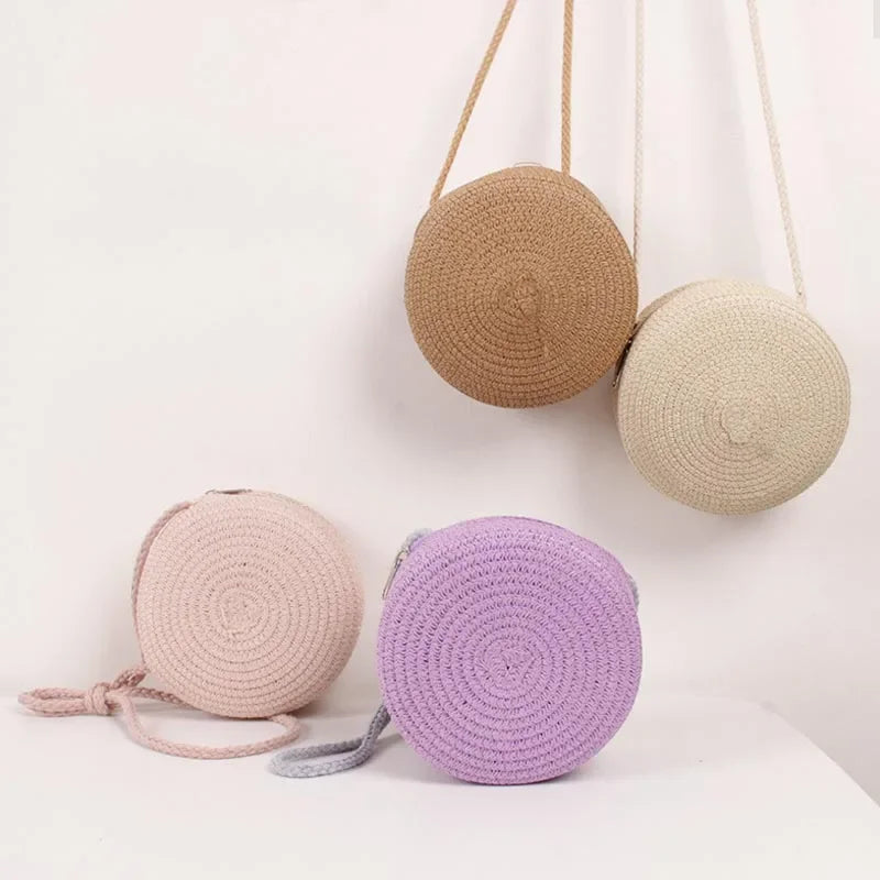 Baby Girl Fashion Casual Solid Straw Shoulder Bags Backpack Accessories Kids Coin Purse Kids Children Cute Round Messenger Bag