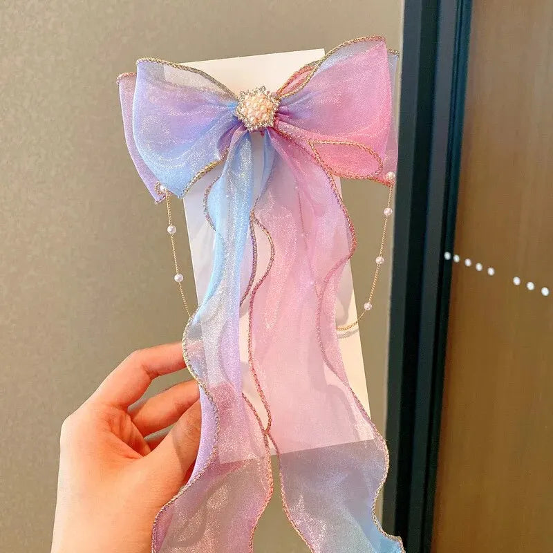 Elegant Creative Trendy Mesh Gradient Bow Tassel Hair Clips Decorative Hair Accessories For Holiday Party Girls Accessories