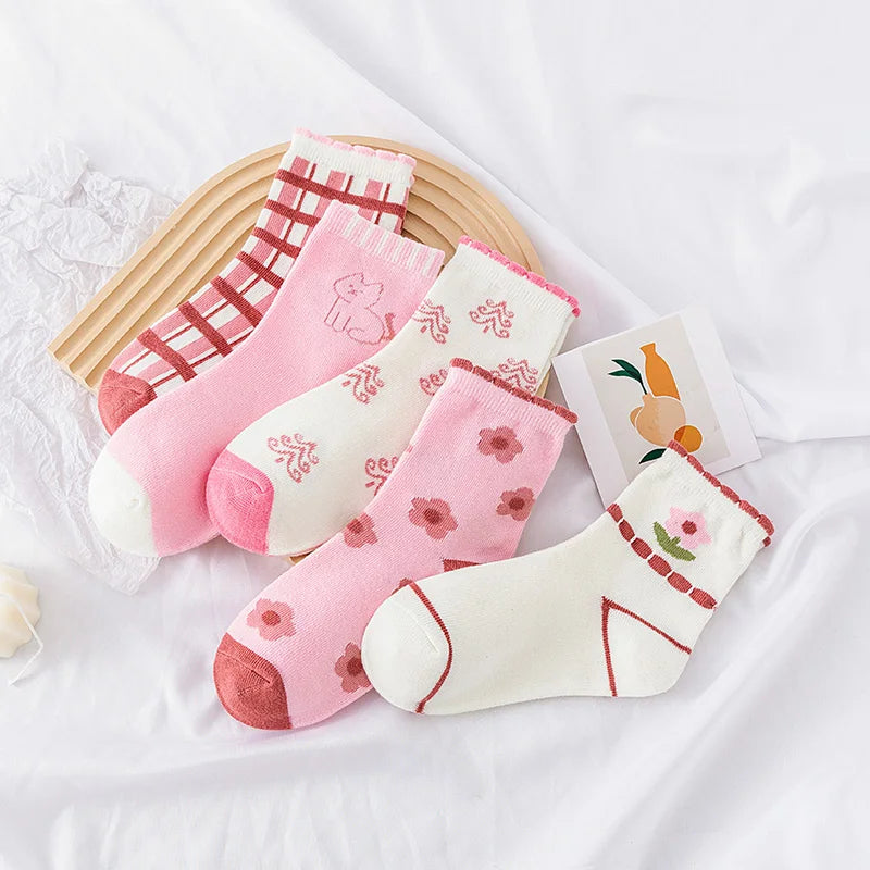 5 Pairs Pink Flower Knit Warm Childrens Socks For Girls Socks Kids Womens Cute Cartoon Medium Stockings