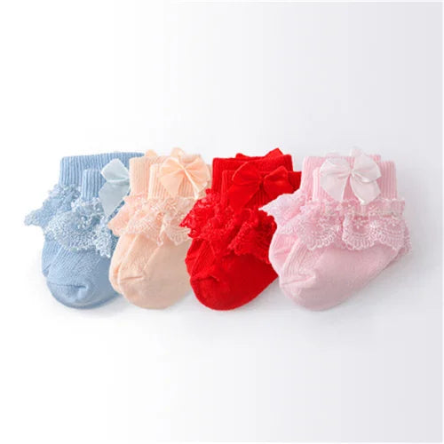 Lawadka 4Pairs/lot Newborn Baby Socks For Girls Cotton Lace Infant Girls Sock Princess Bow Toddler Baby Girls Socks Spring 0-24M