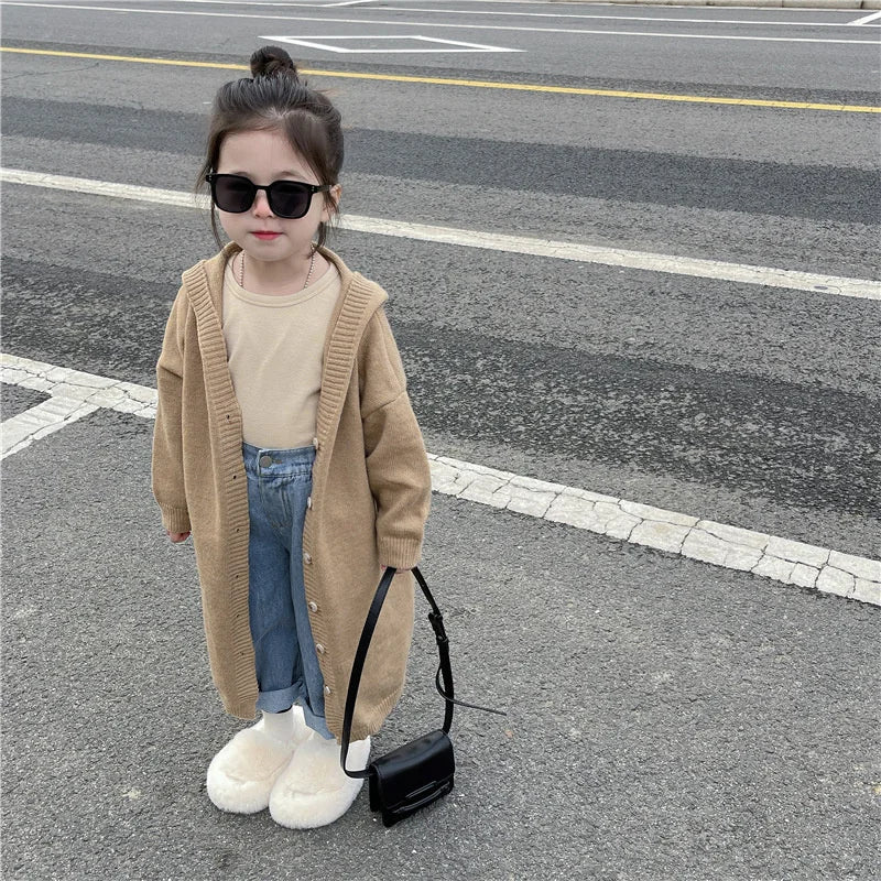 Girls Fashion Cardigan Jackets New Kids Spring Autumn Casual Coats Children Hooded Trend Long Jumper Versatile Knitted Clothing