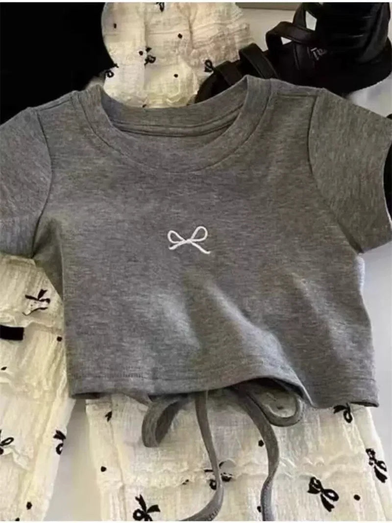 Girls Fashion Blouse Sets Summer Bow Tops Suits New Baby Short Sleeve T-Shirt Pants 2 Piece Summer Sweet Casual Kids Clothing