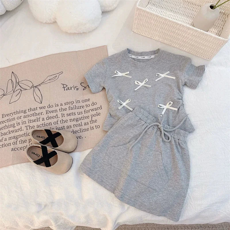 New Summer Sets Girls Bow Tie T-Shirt Suits Children's Short-Sleeved Top Skirt 2-Piece Baby Kids Fashion Sweet Clothes Outfit