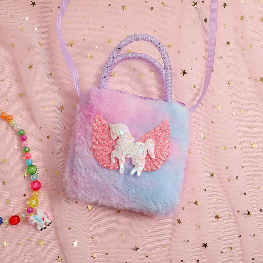 Unicorn Cartoon Plush Shoulder Bag for Kids Crossbody Bag for Kindergarten Girls Portable Outdoor Small Square Coin Bag Wallet
