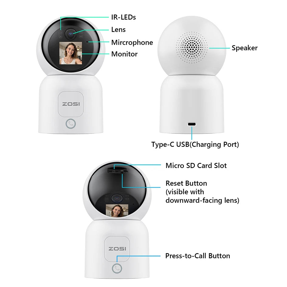 ZOSI C519M 4MP HD Indoor Baby Monitor 1.44 Inch Screen 2.4G/5G WiFi Video Call Auto Tracking Wireless IP Smart Surveillance Cam