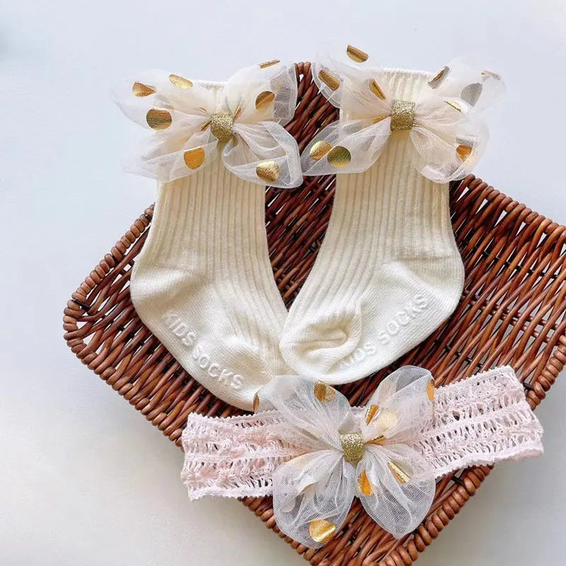 2Pcs Baby Bow Headband Socks Set Toddler Boys Girls Lace Print Bowknot Elastic Hairband Turban Solid Soft Sock Kids Accessories