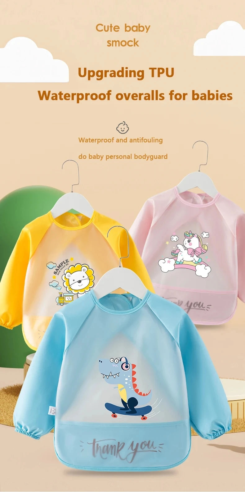 Baby Food Overalls Waterproof Children's Bibs Boys And Girls Drool Towel Four Seasons Long Sleeve No-Wash Apron
