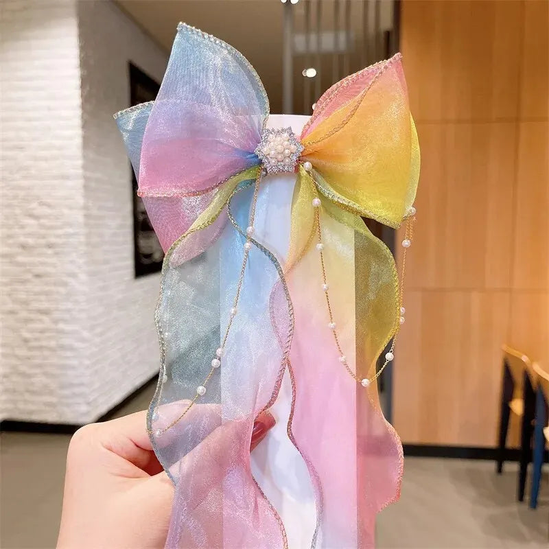 Elegant Creative Trendy Mesh Gradient Bow Tassel Hair Clips Decorative Hair Accessories For Holiday Party Girls Accessories