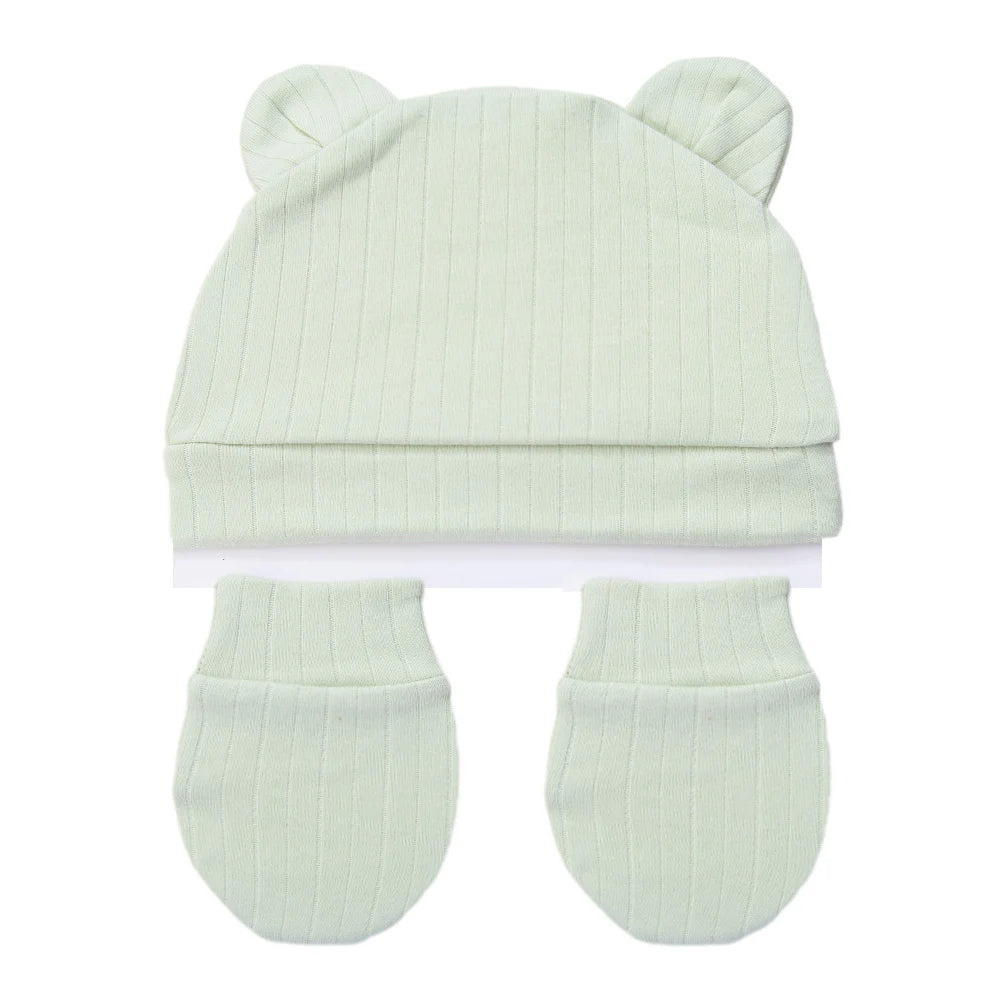 3Pcs/Set Cute Cotton Baby Hats Newborn Bonnet Gloves Mittens Beanies Bear Ear Shape Gift Photo Props Infant 0-3M Clothing
