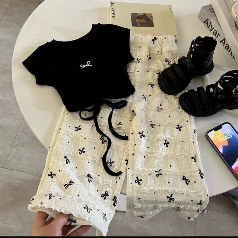 Girls Fashion Blouse Sets Summer Bow Tops Suits New Baby Short Sleeve T-Shirt Pants 2 Piece Summer Sweet Casual Kids Clothing