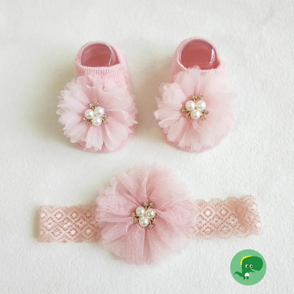 Lovely Pearl Bows Baby Headband Socks Set Non Slip Cotton Sock Lace Flower Newborn Hair Band Turban Girl Hair Accessories