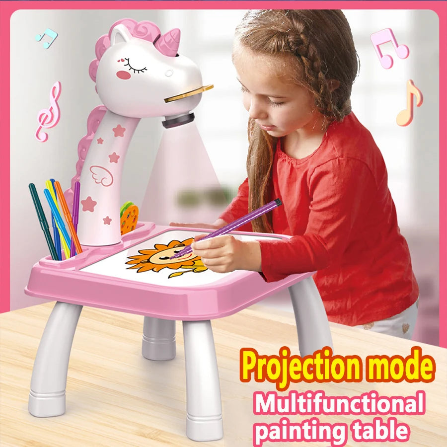 Children's projection painting table, pony shape, graffiti drawing board, electric with music, wipeable drawing board, baby earl