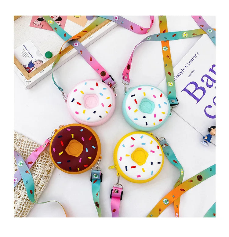 Round Donut Crossbody Bag Child Child Girl Children Shoulder Bag Adjustable Strap Vacation Travel Rainbow Printed Pocket Package