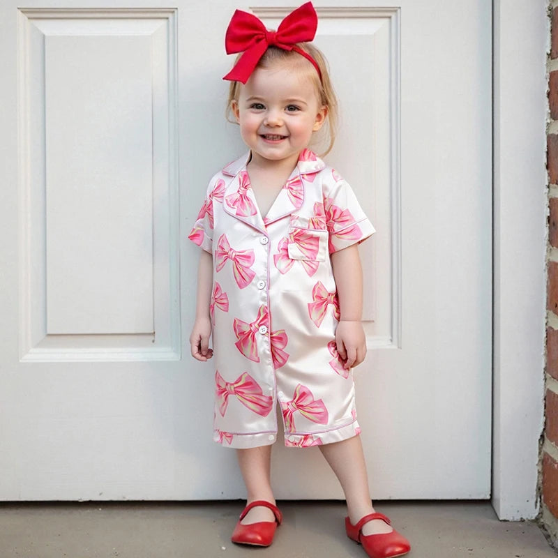 Adorable Infant Princess Bow Satin Pajama Set with Short Sleeves Button-up Shorts and Jumpsuit for Sweet Toddler Bedtime