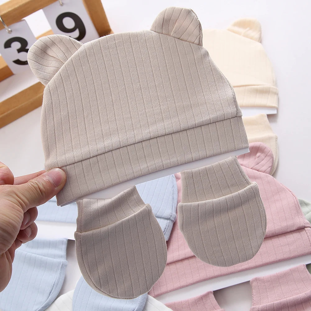 3Pcs/Set Cute Cotton Baby Hats Newborn Bonnet Gloves Mittens Beanies Bear Ear Shape Gift Photo Props Infant 0-3M Clothing