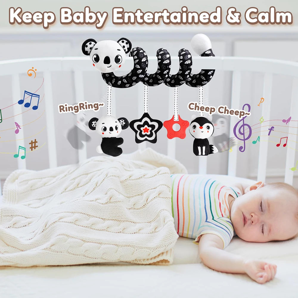 Newborns Spiral Hanging Activity Stroller Toy Baby Carseat Toy Black & White Lion Koala Rattle for Crib Mobile Sensory Toy Gift