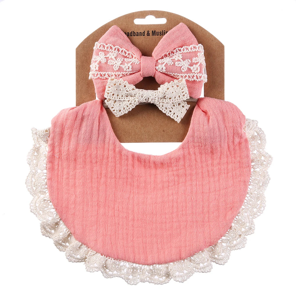 3Pcs/set Solid Muslin Cotton Baby Bibs & Lace Headbands Princess Boys Girls Saliva Towel Feeding Burp Cloths Nylon Hair Bands