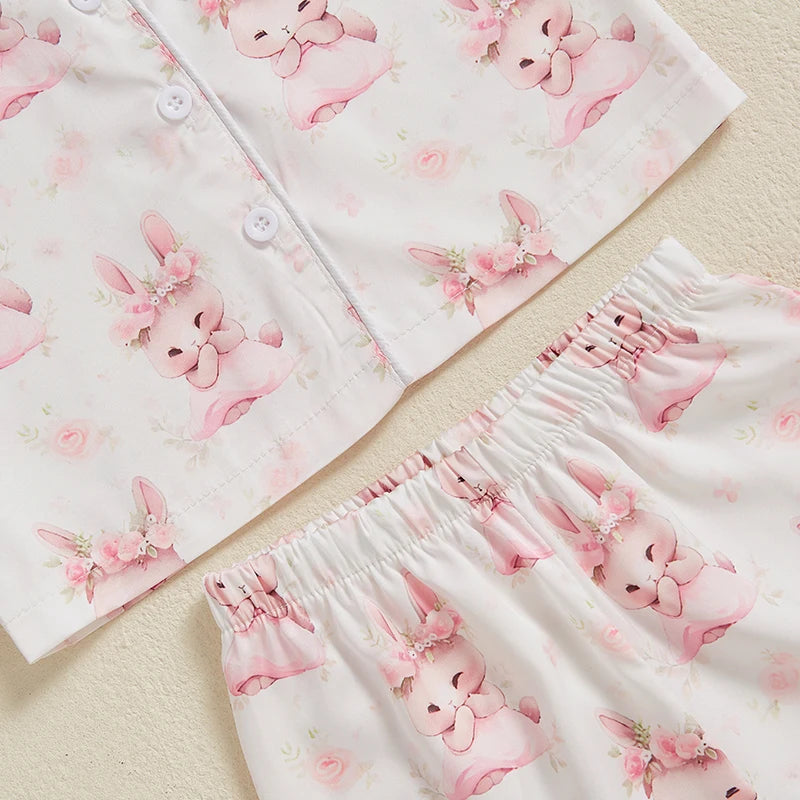 Kids Easter Satin Pajamas Set with Bunny Print Short Sleeve Lapel Button Down Tops and Shorts Sleepwear for Boys and Girls