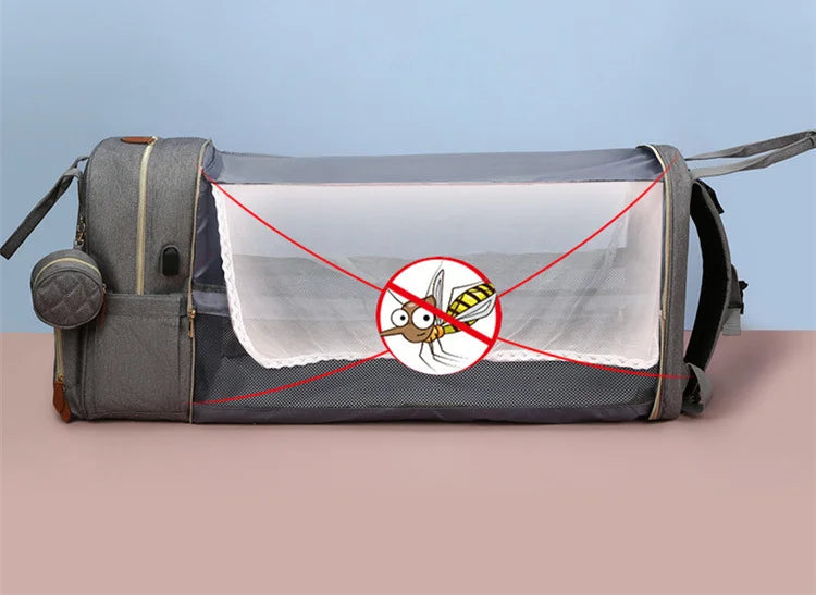 Folding Mommy Bag with USB Port and Shade Cloth Mosquito Net Portable Folding Crib Bed Multi Function Pee Pad Mother Baby Bag