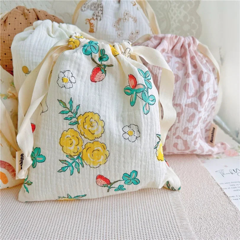 Printed Flower Mommy Bag Baby Diaper Bag Cotton Nappy String Pocket Stroller Carry Pack Travel Outdoor Diaper Storage Bag