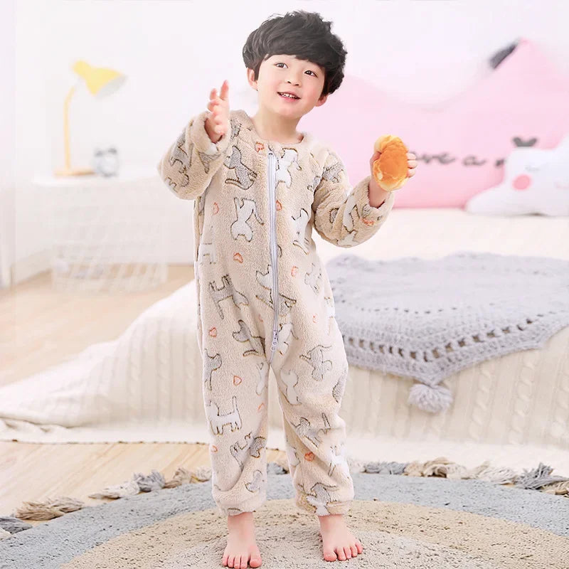 Kids Onesie Boys Girls Long Sleeve Flannel Pajamas Children Winter Cartoon Pyjama Baby Sleepwear 1-4 Years Sleeping Bag