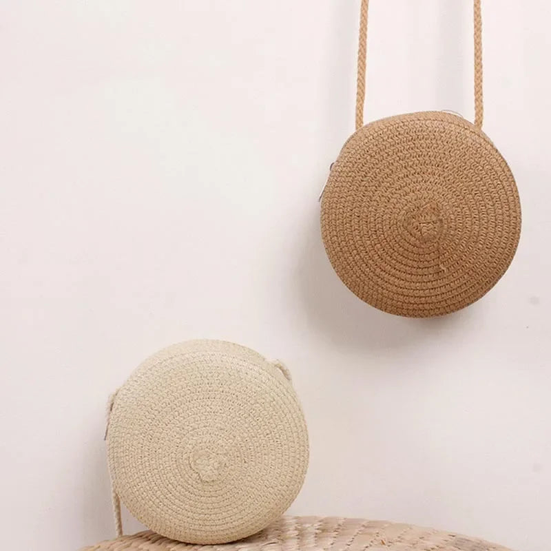 Baby Girl Fashion Casual Solid Straw Shoulder Bags Backpack Accessories Kids Coin Purse Kids Children Cute Round Messenger Bag
