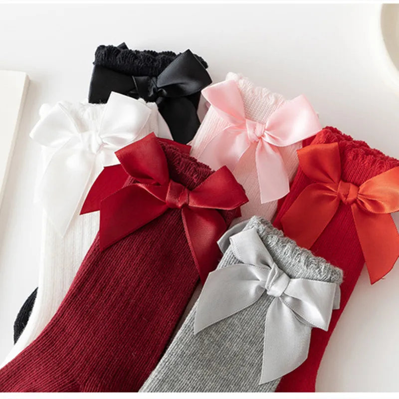 Red Bow Tie Knee High Tube Socks Girls' Christmas Stockings Infants Toddlers Soft Cotton Children Non Slip Floor Socks Baby Gift