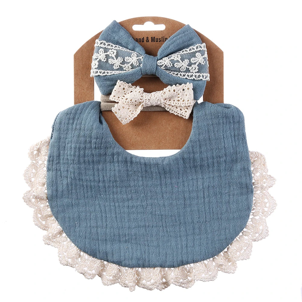 3Pcs/set Solid Muslin Cotton Baby Bibs & Lace Headbands Princess Boys Girls Saliva Towel Feeding Burp Cloths Nylon Hair Bands