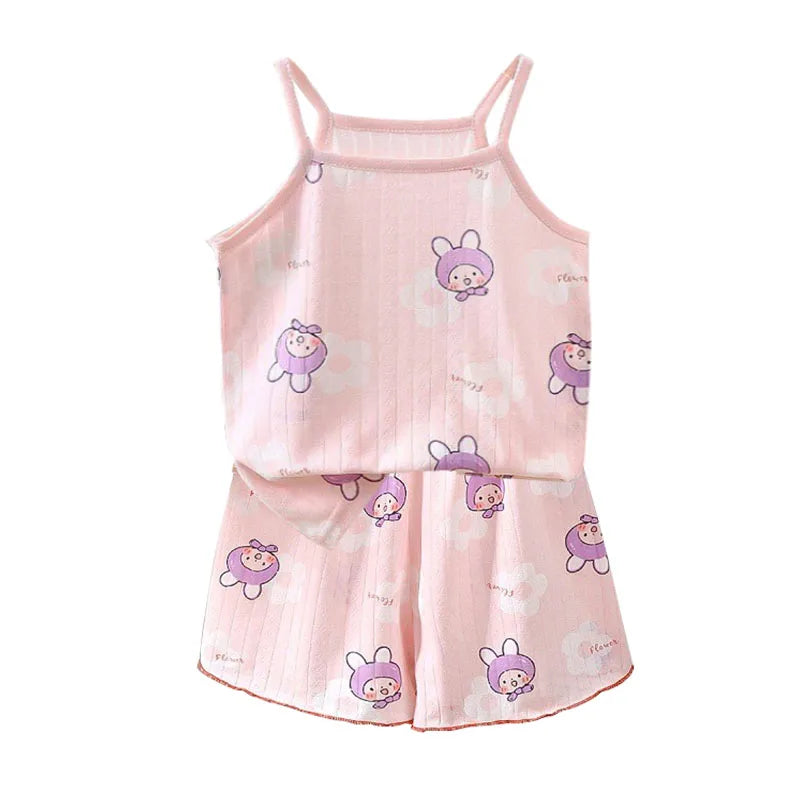Summer Camisole Sling Tops+Shorts 2-Piece Set Girl's Soft Cotton Pajamas Fashion Cartoon Print Kids Home Clothes Casual Suit New