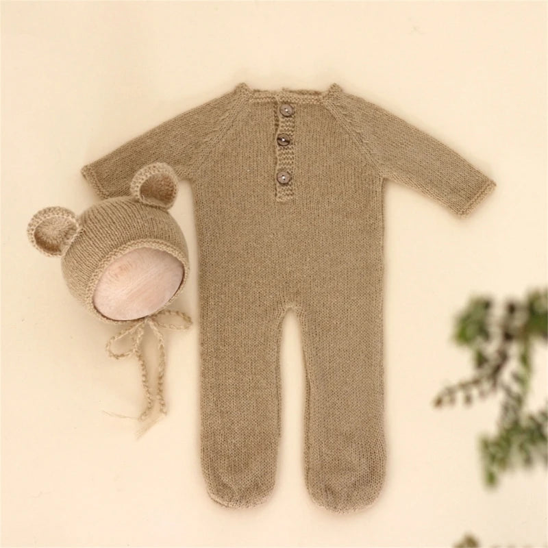 Baby Outfit Newborn Photography Props mohair Knitted Bear Rompers Footed Jumpsuit Hat 2pcs/Sets Photography Clothing Accessories