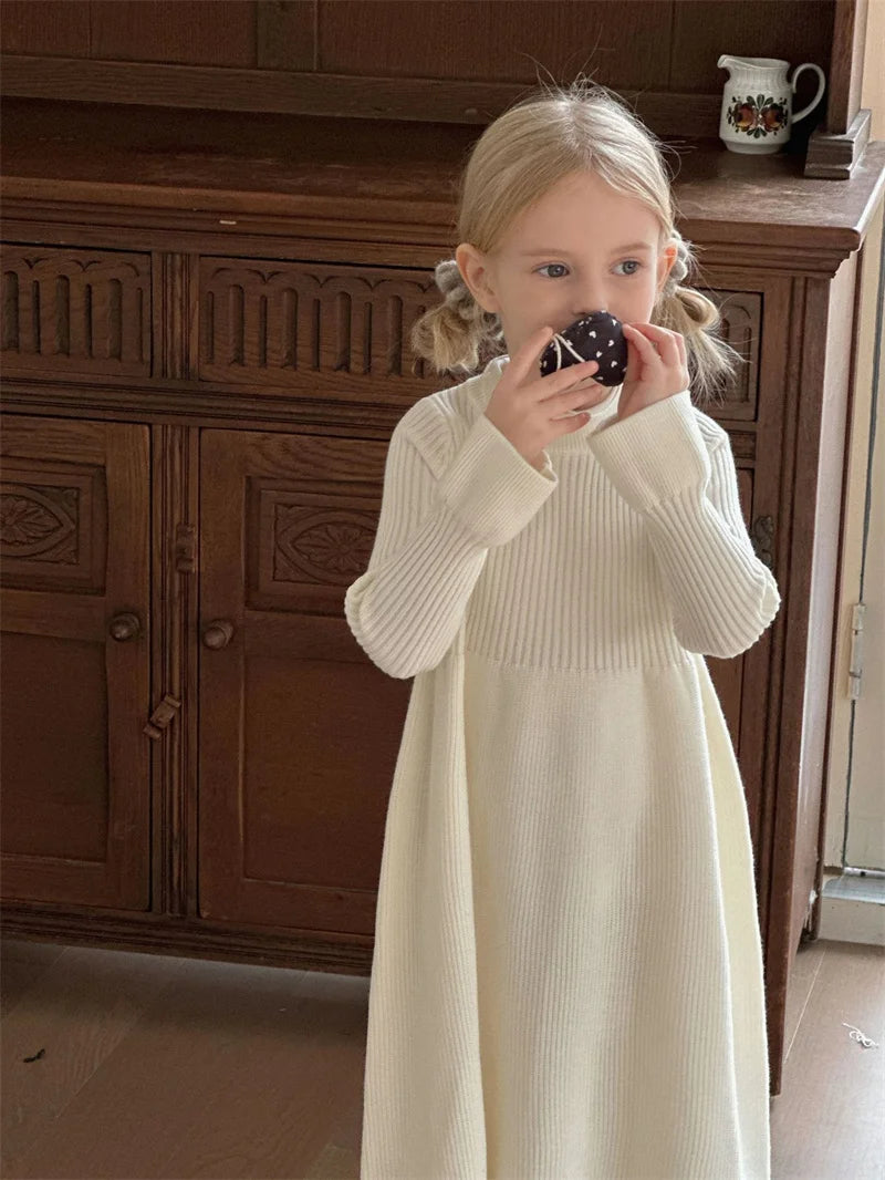 Girls Knitted Dress 2024 Autumn Winter New Children Gown Princess Solid Color Vestidos Kids Fashion Sweater Dresses Baby Clothes