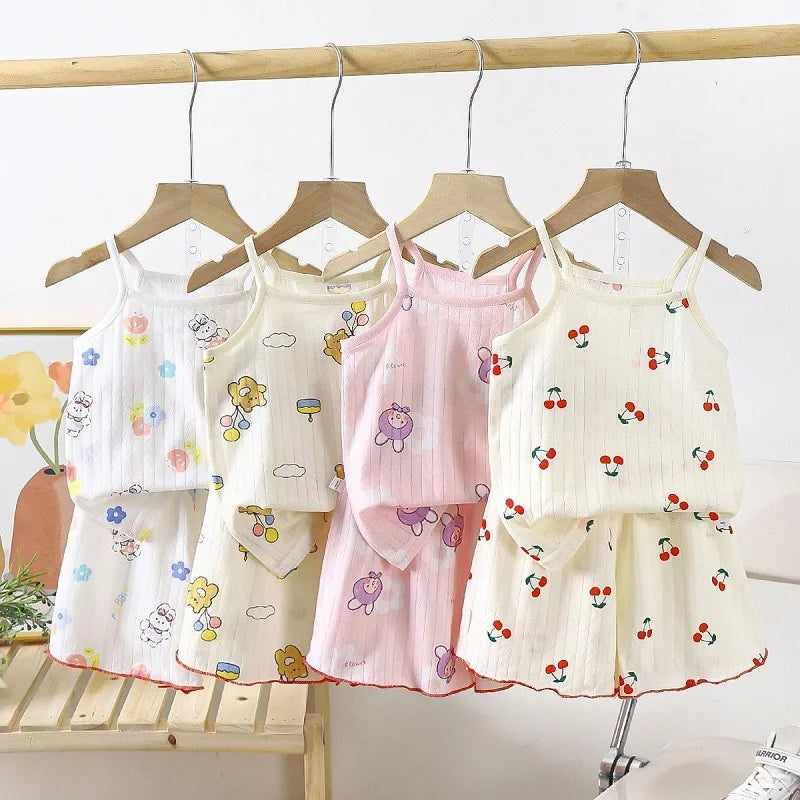 Summer Camisole Sling Tops+Shorts 2-Piece Set Girl's Soft Cotton Pajamas Fashion Cartoon Print Kids Home Clothes Casual Suit New