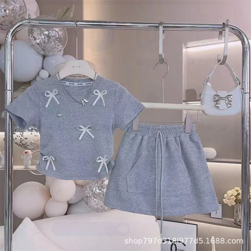 New Summer Sets Girls Bow Tie T-Shirt Suits Children's Short-Sleeved Top Skirt 2-Piece Baby Kids Fashion Sweet Clothes Outfit