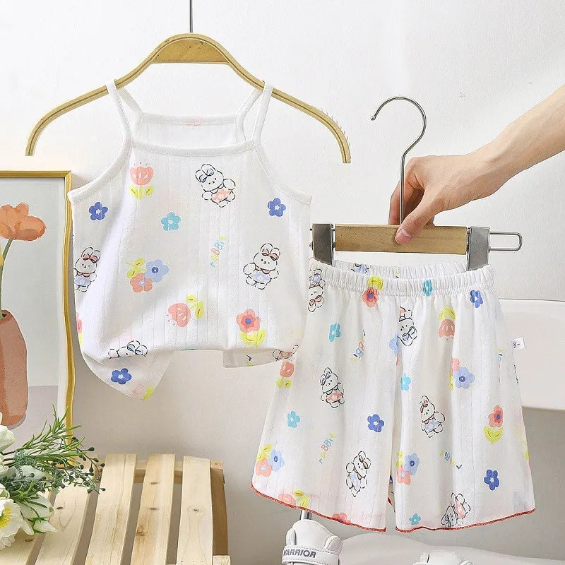 Summer Camisole Sling Tops+Shorts 2-Piece Set Girl's Soft Cotton Pajamas Fashion Cartoon Print Kids Home Clothes Casual Suit New