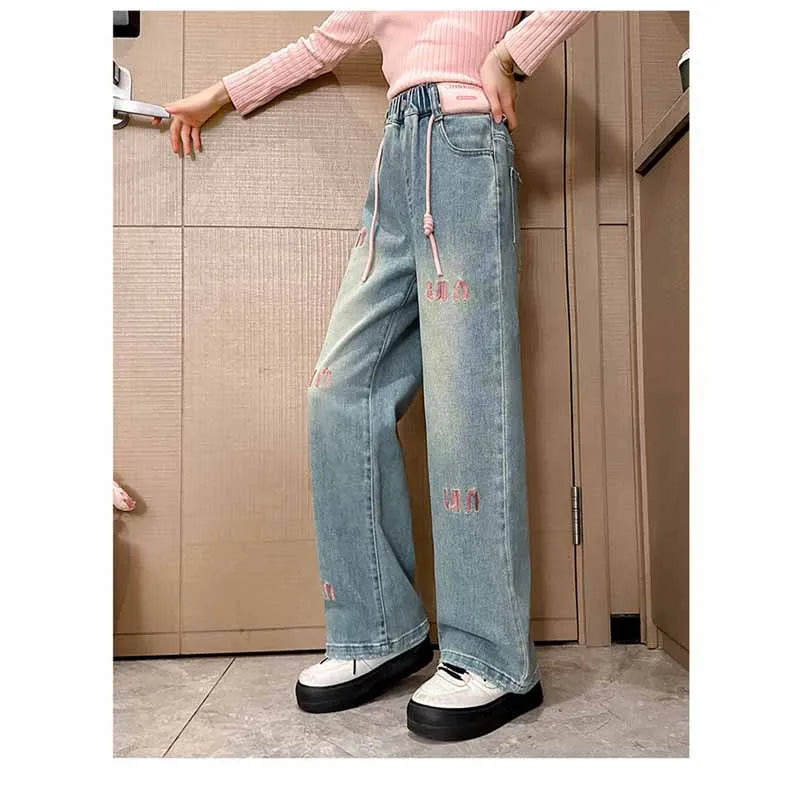 New Girls Letter Jeans Spring Autumn Kids Loose Fashion Casual Trousers Children Temperament Elastic Straight Pants 2-12 Years