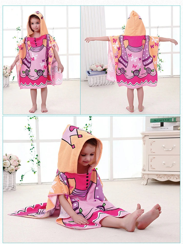 80-130cm Kids Hooded Bath Beach Poncho Towels Baby Quick Dry Bathrobe Child Cartoon Poncho Towels Microfiber Swim Cover-ups